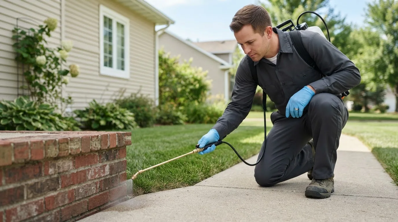 Pest control technician treating a home near Pleasant Hill, TN